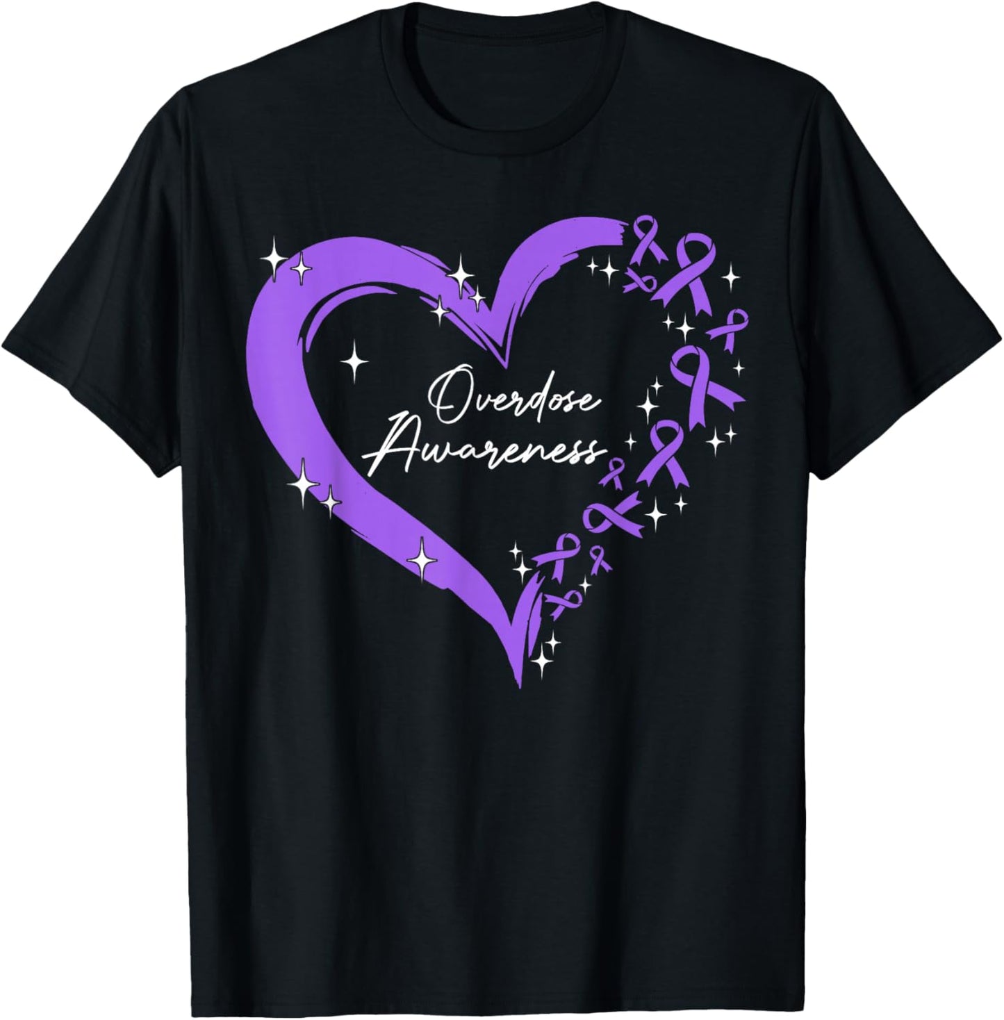 Overdose Awareness Purple Ribbon Drug Addiction Heart T-Shirt - T-Shirt | Black