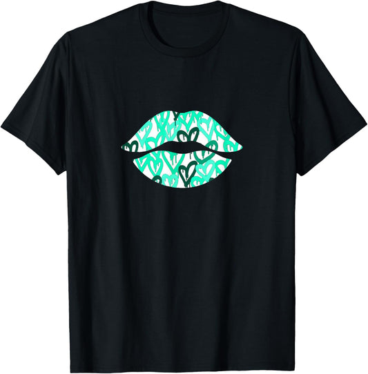 Light Teal Aqua Color Graffiti Heart Lips Light Teal Aqua T-Shirt - T-Shirt | Black