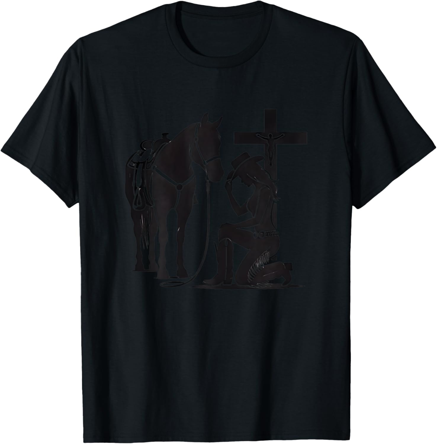 Christian Inspirational Cowgirl Praying with Horse & Cross T-Shirt - T-Shirt | Black