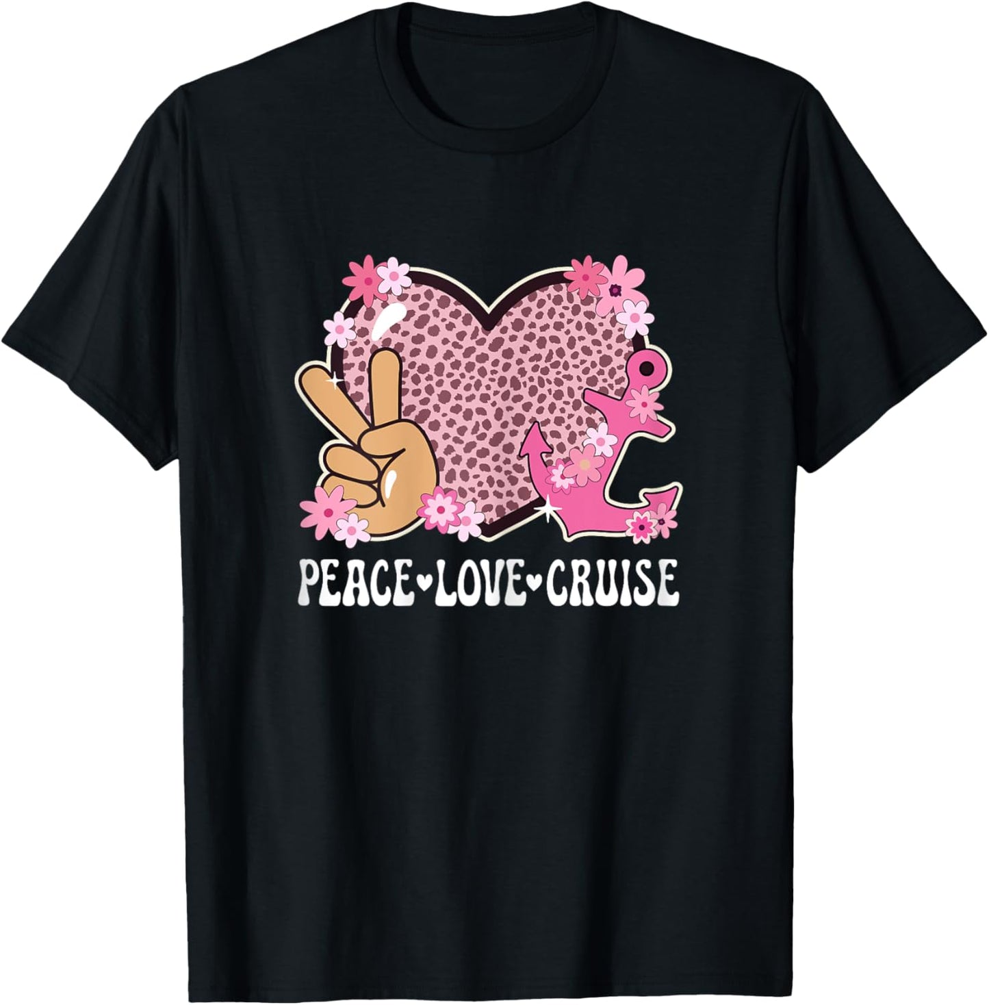 Peace Love Cruise Ship Lover Cheetah Print Women Cute Cruise T-Shirt - T-Shirt | Black