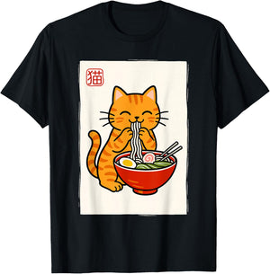 Funny Japanese Kawaii Anime Men Kids Women Cat Eats Ramen T-Shirt - T-Shirt | Black