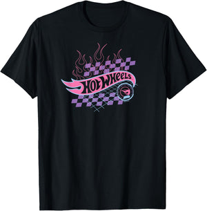 Hot Wheels - Flaming Logo With Checkered Background T-Shirt - T-Shirt | Black