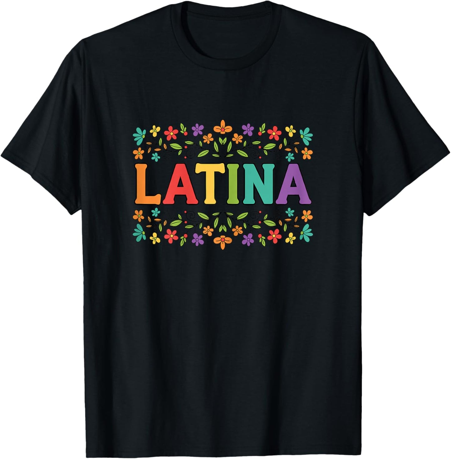 Latina Rainbow Floral Folk Art Hispanic Heritage T-Shirt - T-Shirt | Black