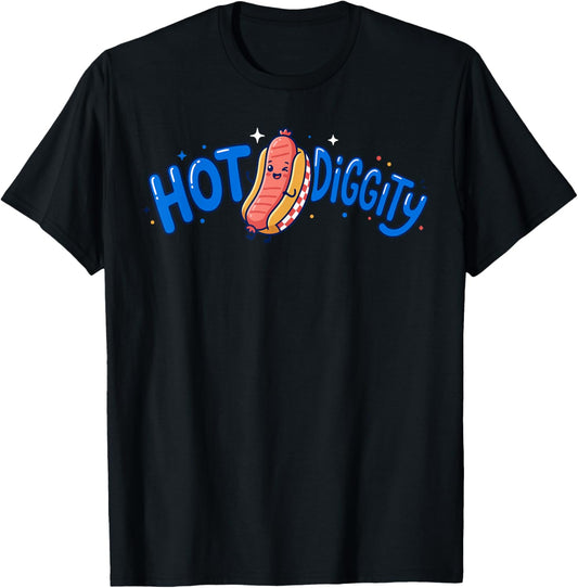 Cute Hot Diggity Hot Dog Shirt, Funny 4th of July Hotdog T-Shirt - T-Shirt | Black