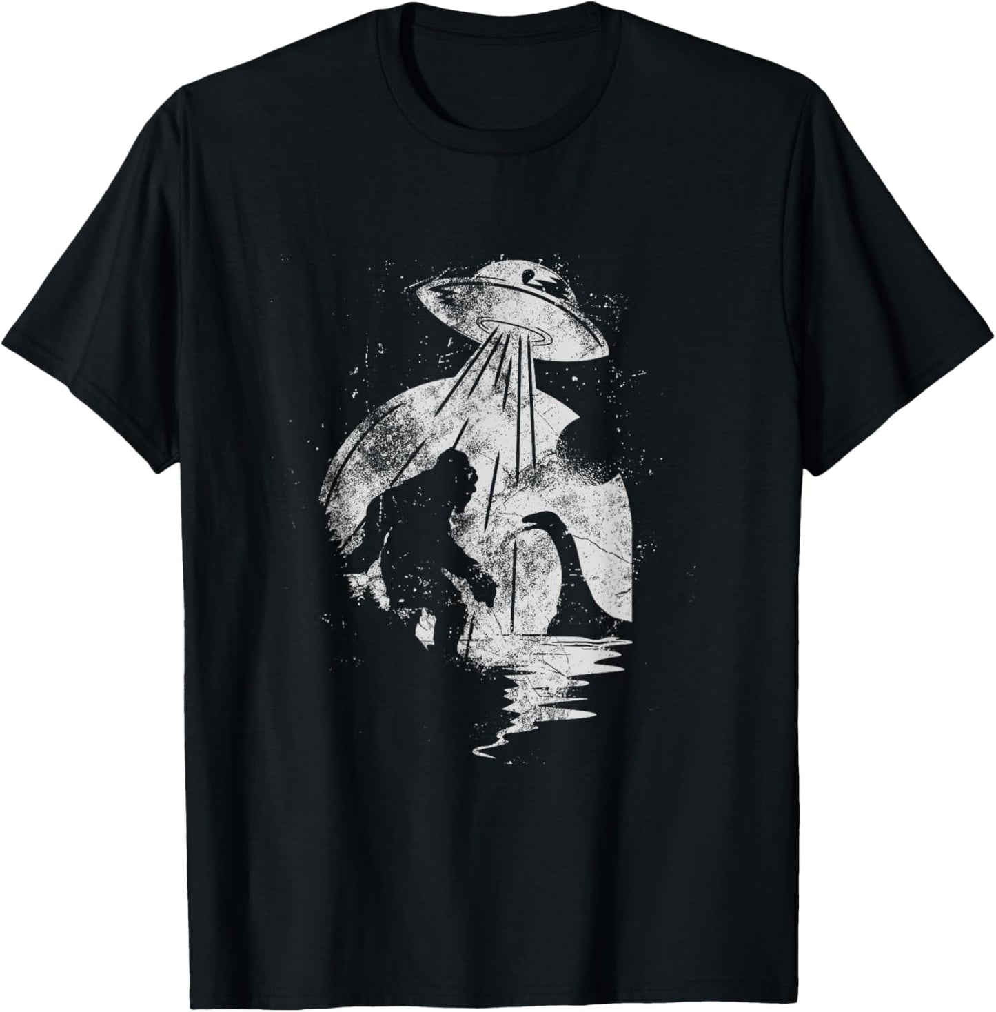 Bigfoot And Loch Ness Monster Being Abducted By A UFO T-Shirt - T-Shirt | Black