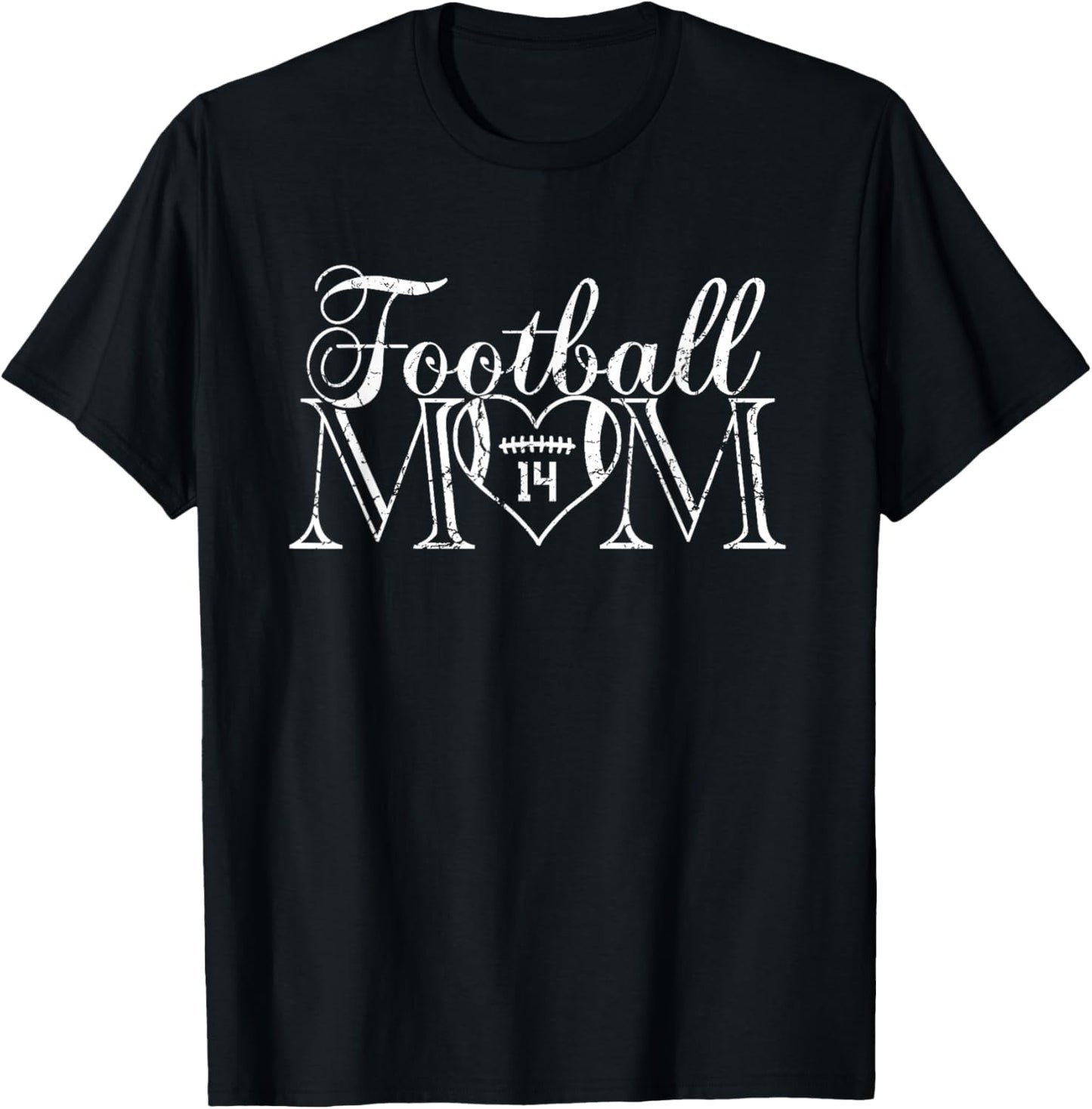 Football Mom Number 14 Football Heart #14 Game Day T-Shirt - T-Shirt | Black