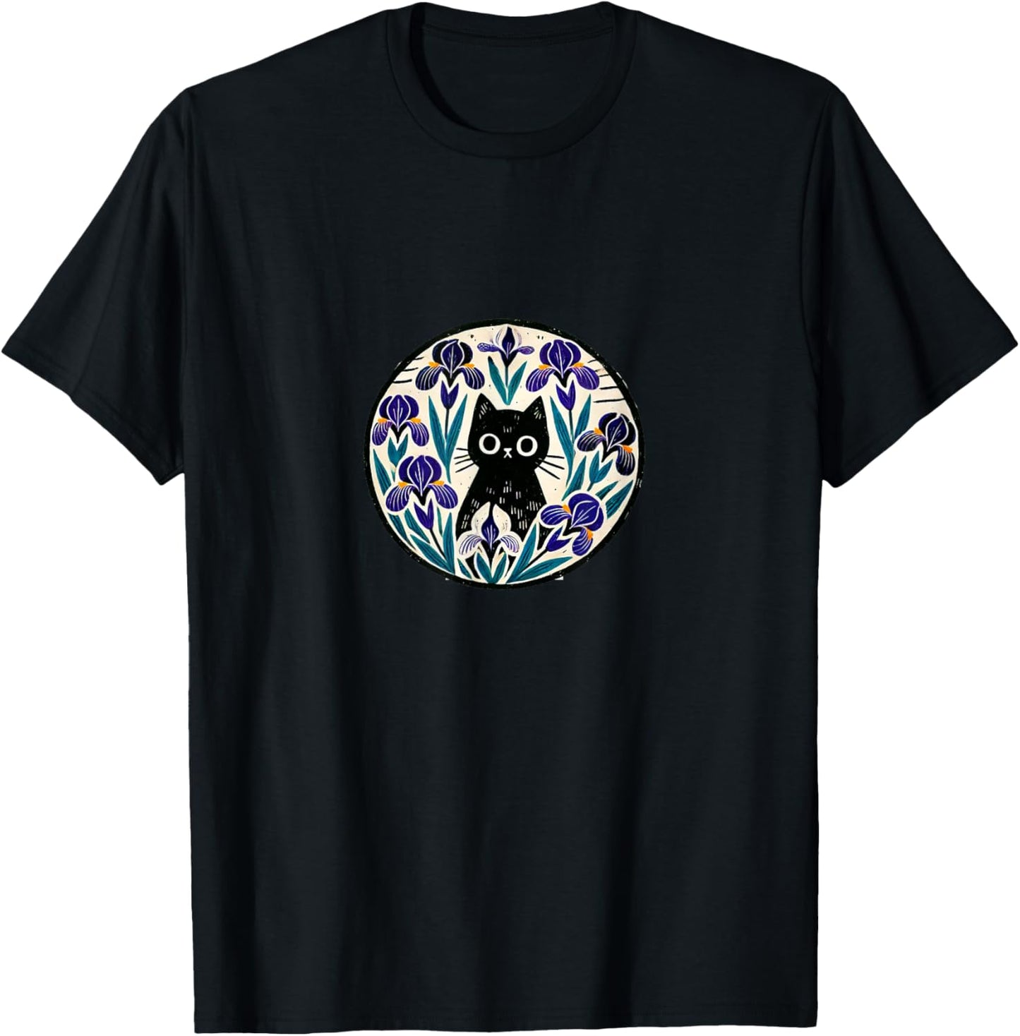 Black Cat Art Iris Flower Illustration T-Shirt - T-Shirt | Black