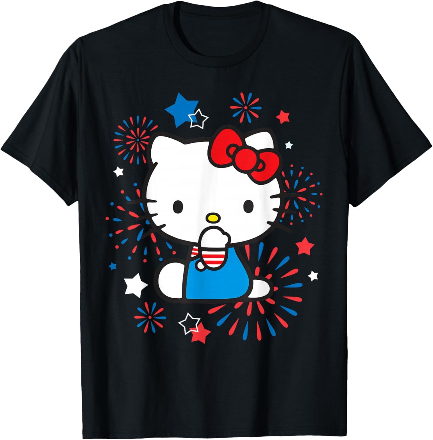 Hello Kitty 4th of July Red White and Blue Fireworks & Stars T-Shirt - T-Shirt | Black