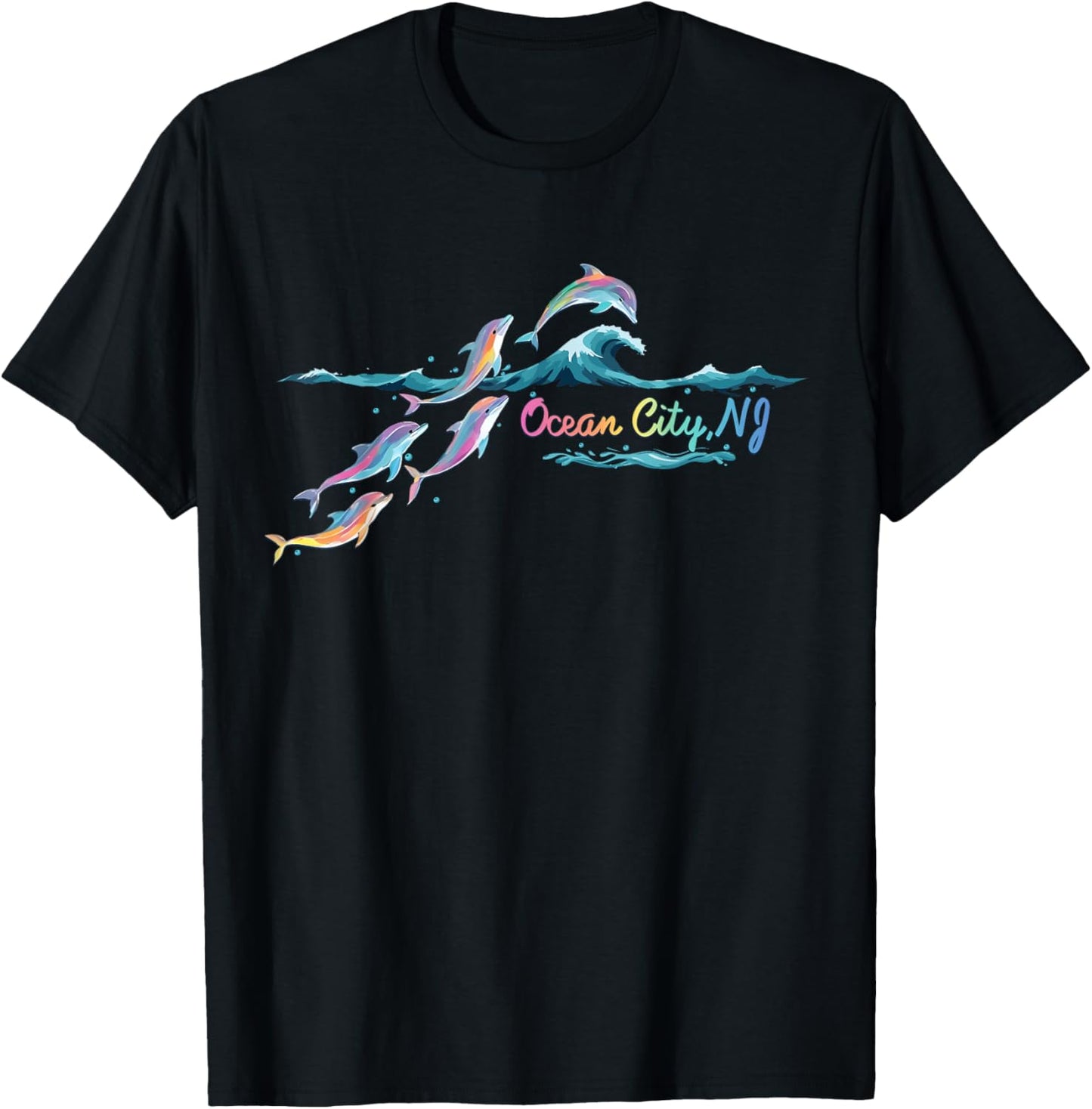 Ocean City NJ Colorful Dolphin Lover Beach Vacation T-Shirt - T-Shirt | Black