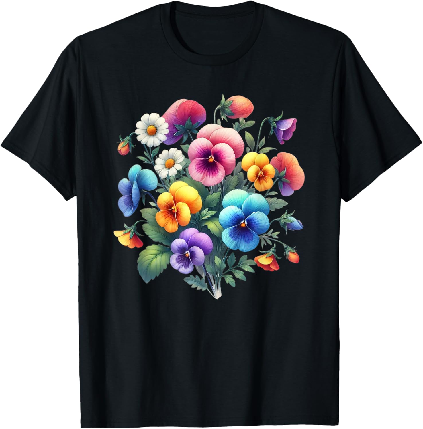 Multicolored Pansies and Delicate White Daisies Shapes Mania T-Shirt - T-Shirt | Black