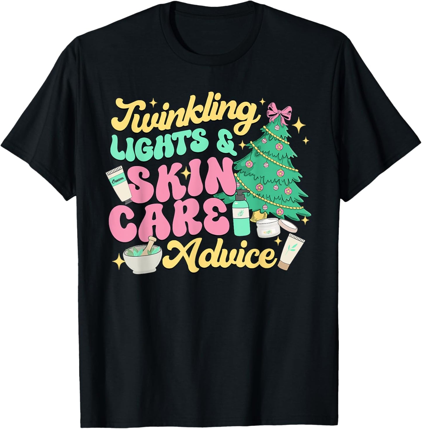 Twinkling Lights & Skin Care Advice, Dermatology Nurse Xmas T-Shirt - T-Shirt | Black