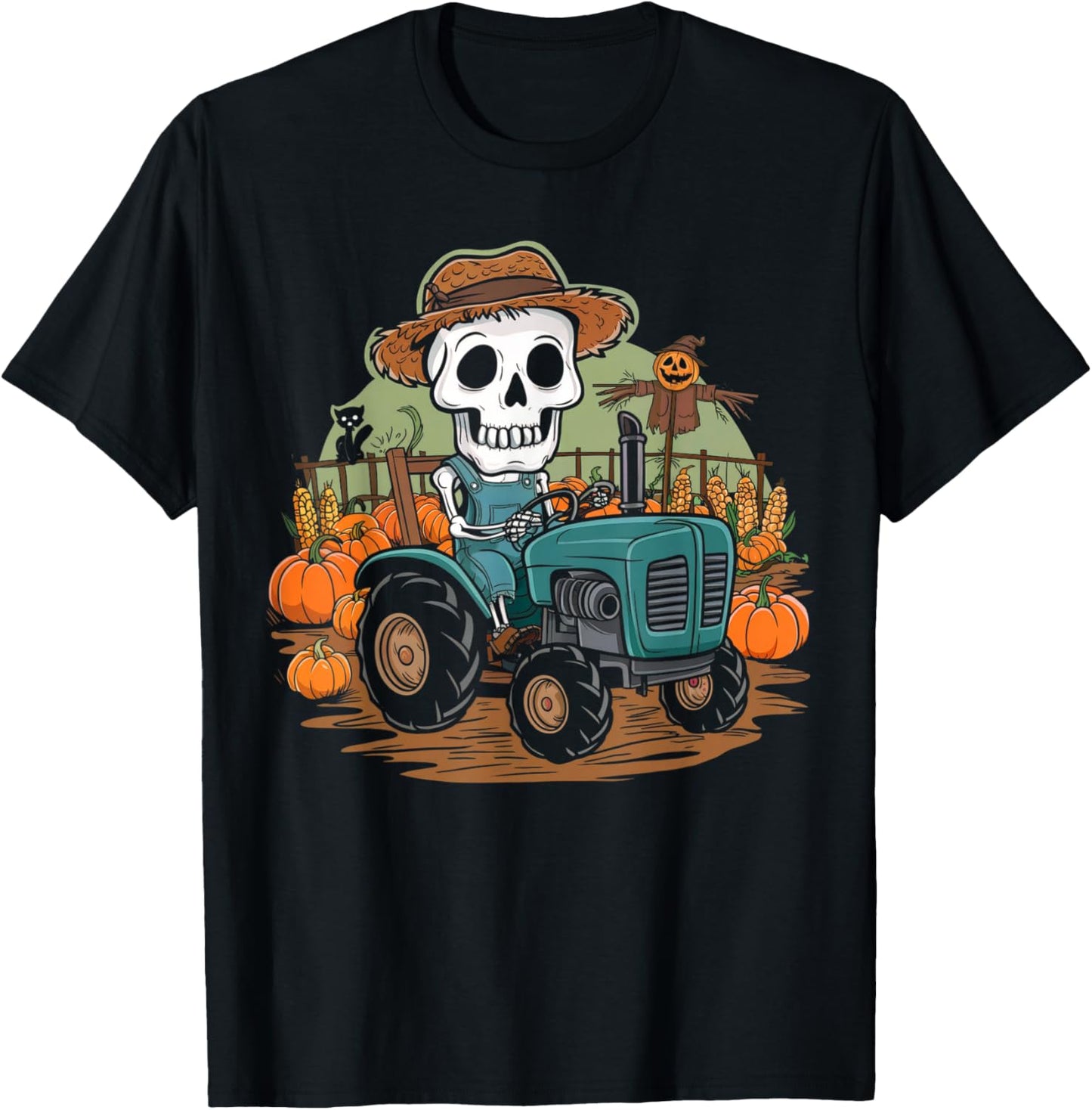 Halloween Farmer Shirt Spooky Tractor Farm Skeleton Farming T-Shirt - T-Shirt | Black