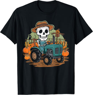 Halloween Farmer Shirt Spooky Tractor Farm Skeleton Farming T-Shirt - T-Shirt | Black