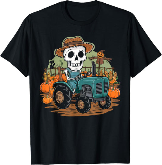 Halloween Farmer Shirt Spooky Tractor Farm Skeleton Farming T-Shirt - T-Shirt | Black