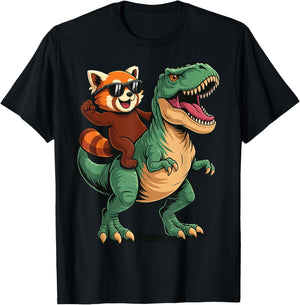 Red Panda Riding T-Rex T-Shirt - T-Shirt | Black
