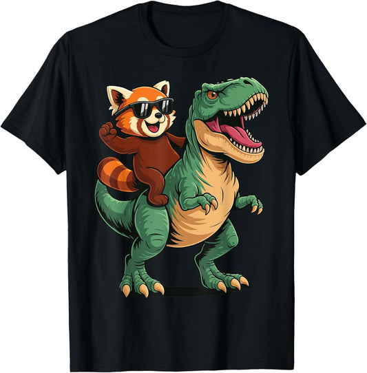 Red Panda Riding T-Rex T-Shirt - T-Shirt | Black