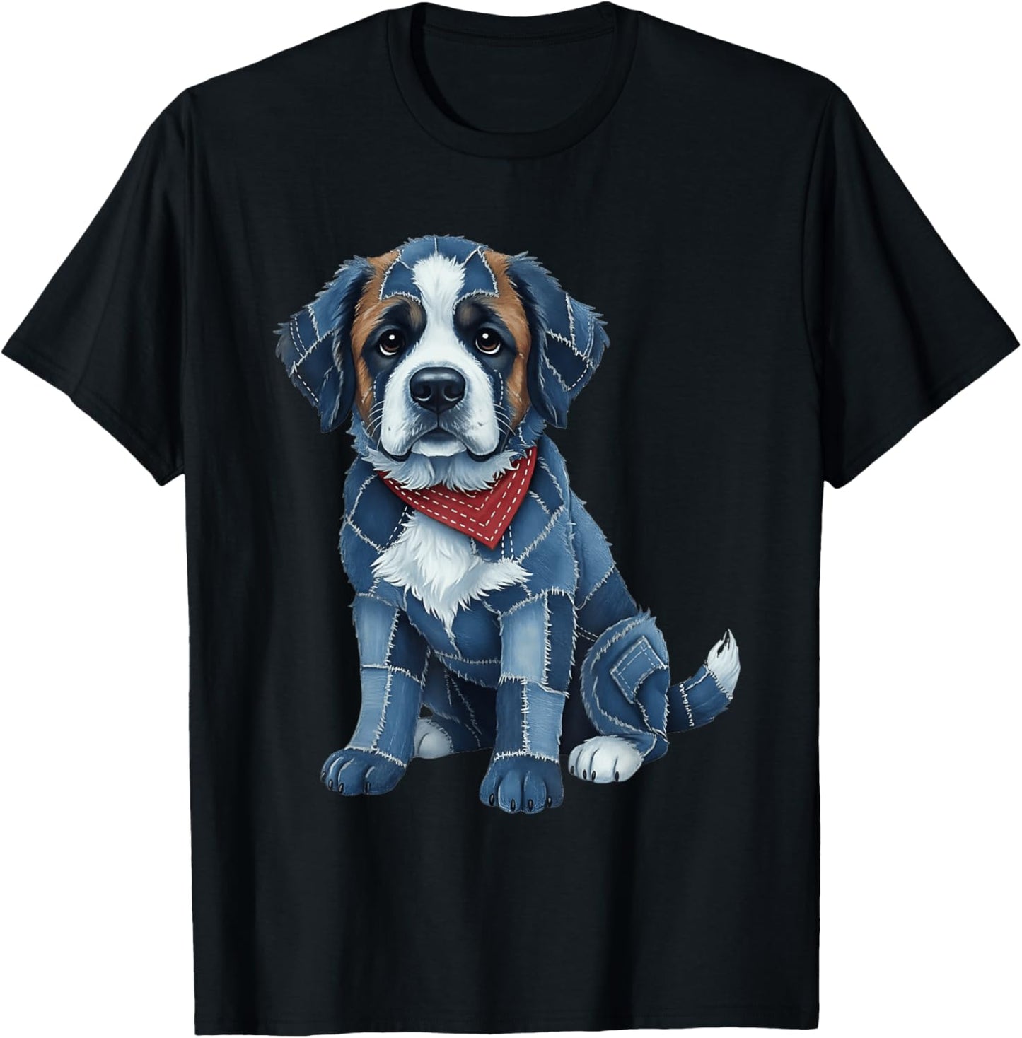 Funny Saint Bernard Dog Blue Denim Patchwork Pattern T-Shirt - T-Shirt | Black