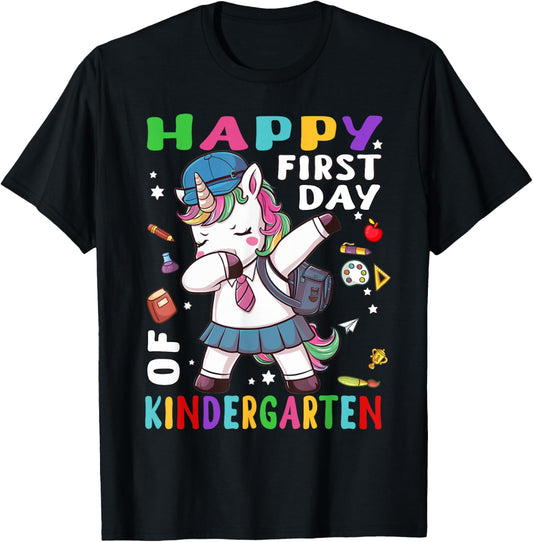 Happy 1st Day of Kindergarten Dabbing Unicorn Back to School T-Shirt - T-Shirt | Black