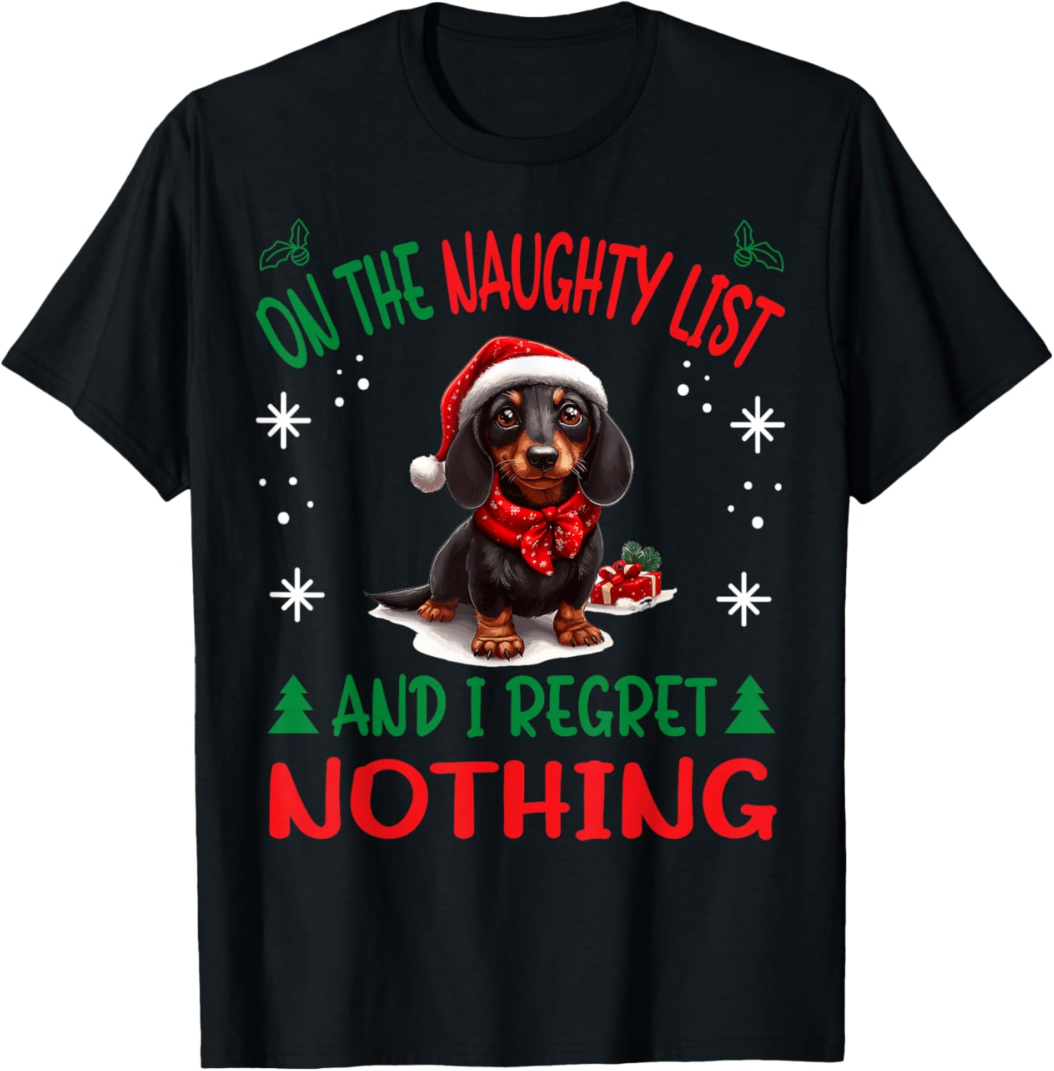 Cute Dachshund Wiener Doxie dog Dog Christmas On The Naughty T-Shirt - T-Shirt | Black