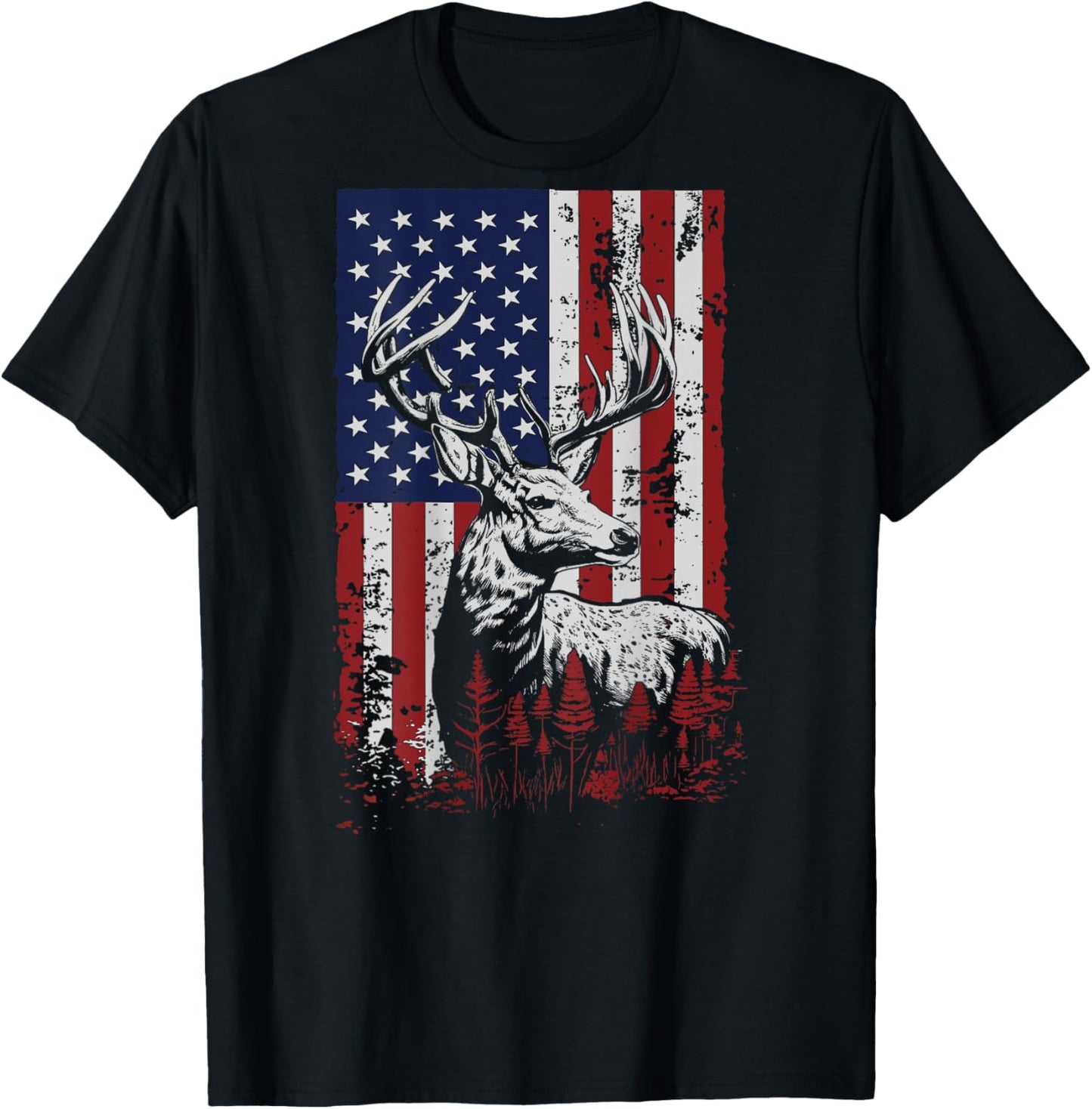 Whitetail Buck Deer Hunting American Flag Patriotic ON BACK T-Shirt - T-Shirt | Black