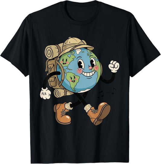 Retro Planet Hiker Adventure, Dessin animé, Jour de la Terre T-Shirt - T-Shirt | Black
