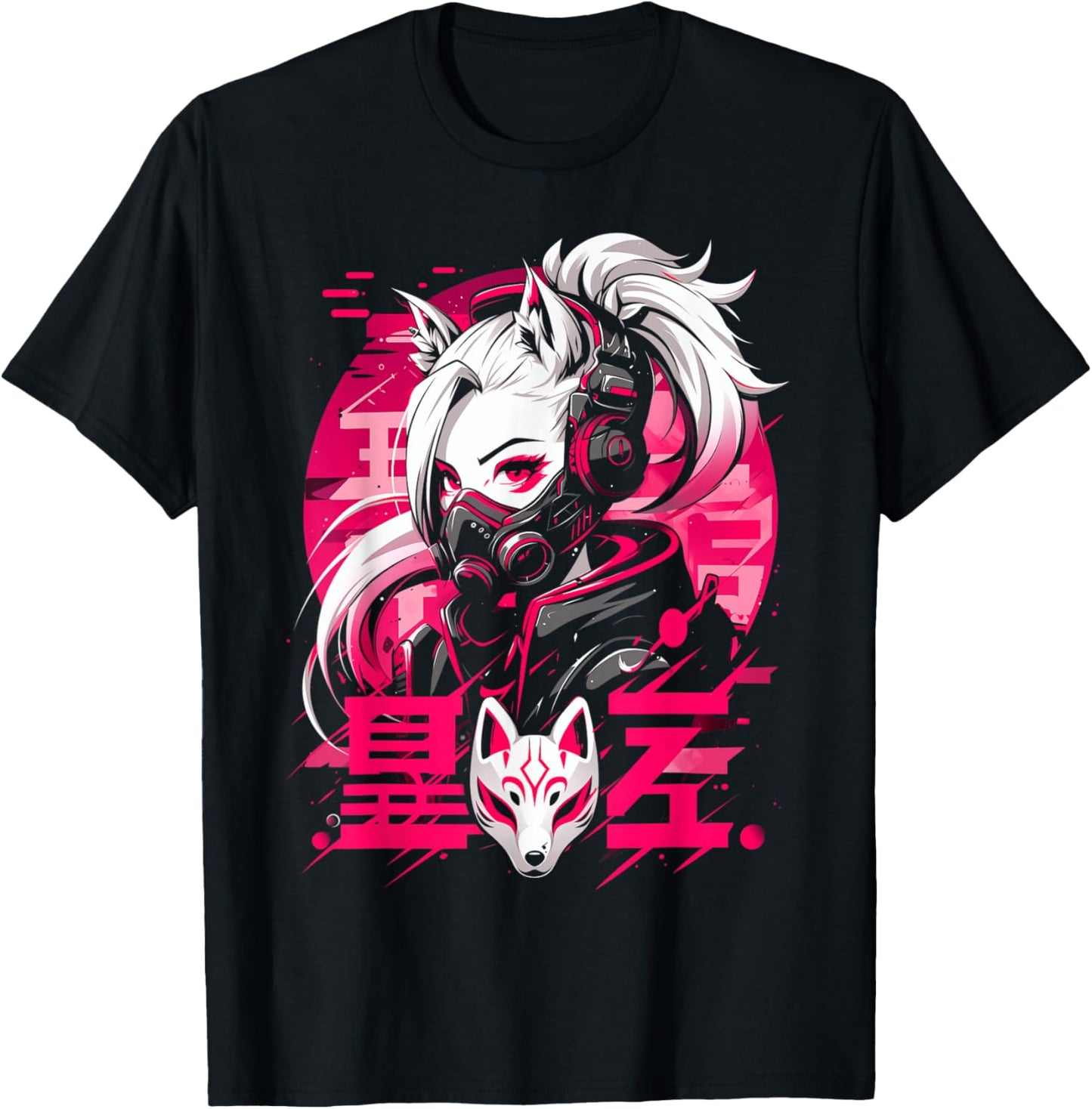 Anime Manga Cyberpunk Aesthetic Techwear Harajuku Kitsune T-Shirt - T-Shirt | Black