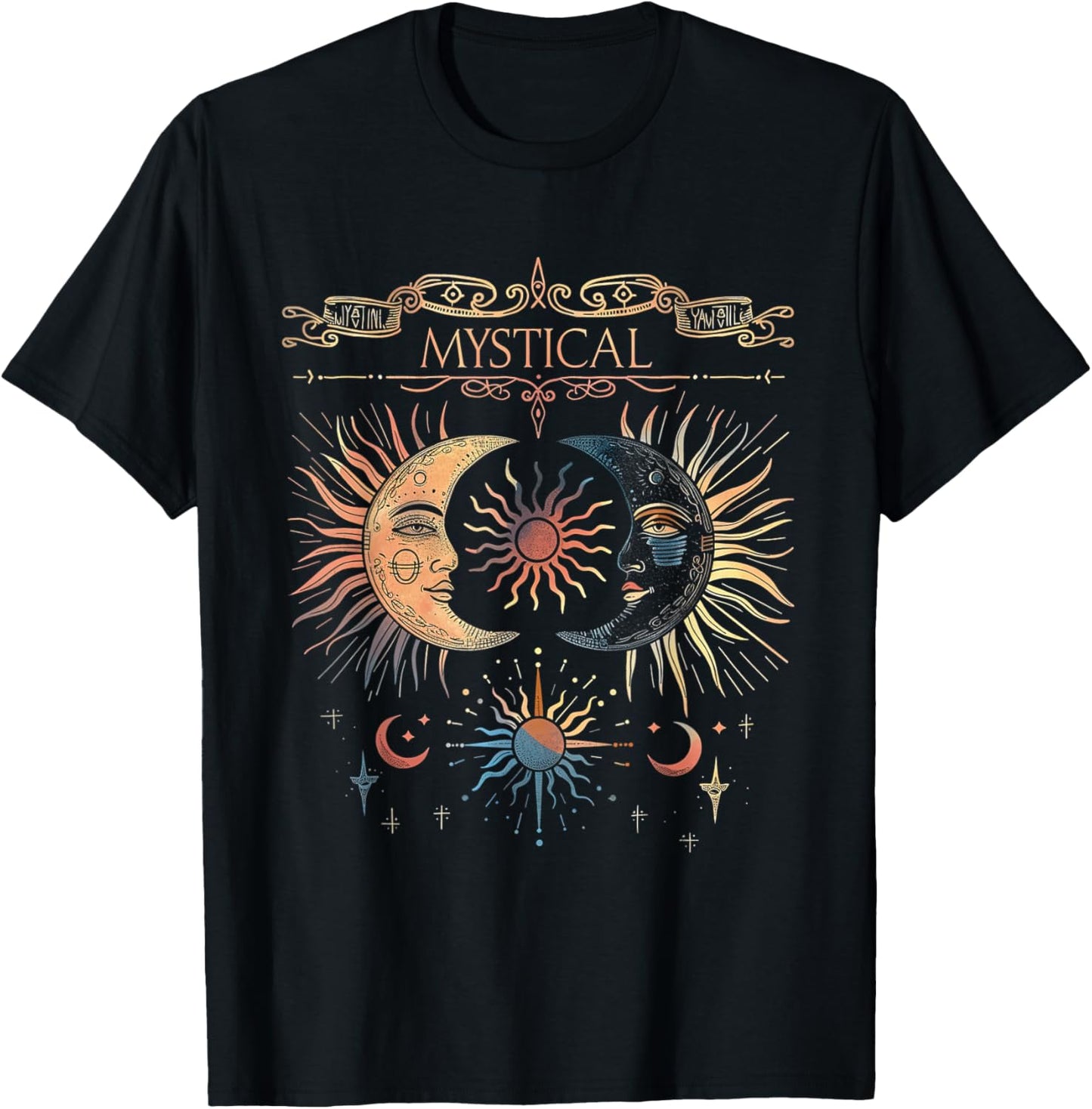 Mystical Sun and Moon Woman Mystic Flowers Aesthetic T-Shirt - T-Shirt | Black