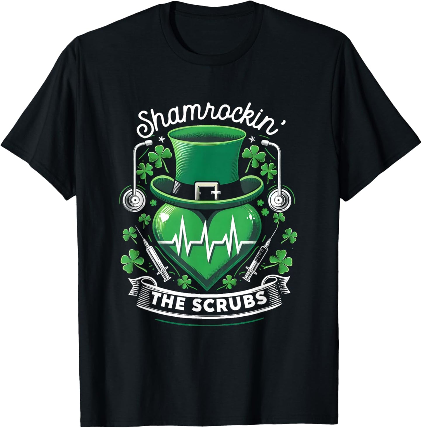 Shamrockin' Stethoscope Heartbeat Shamrock Clover The Scrubs T-Shirt - T-Shirt | Black