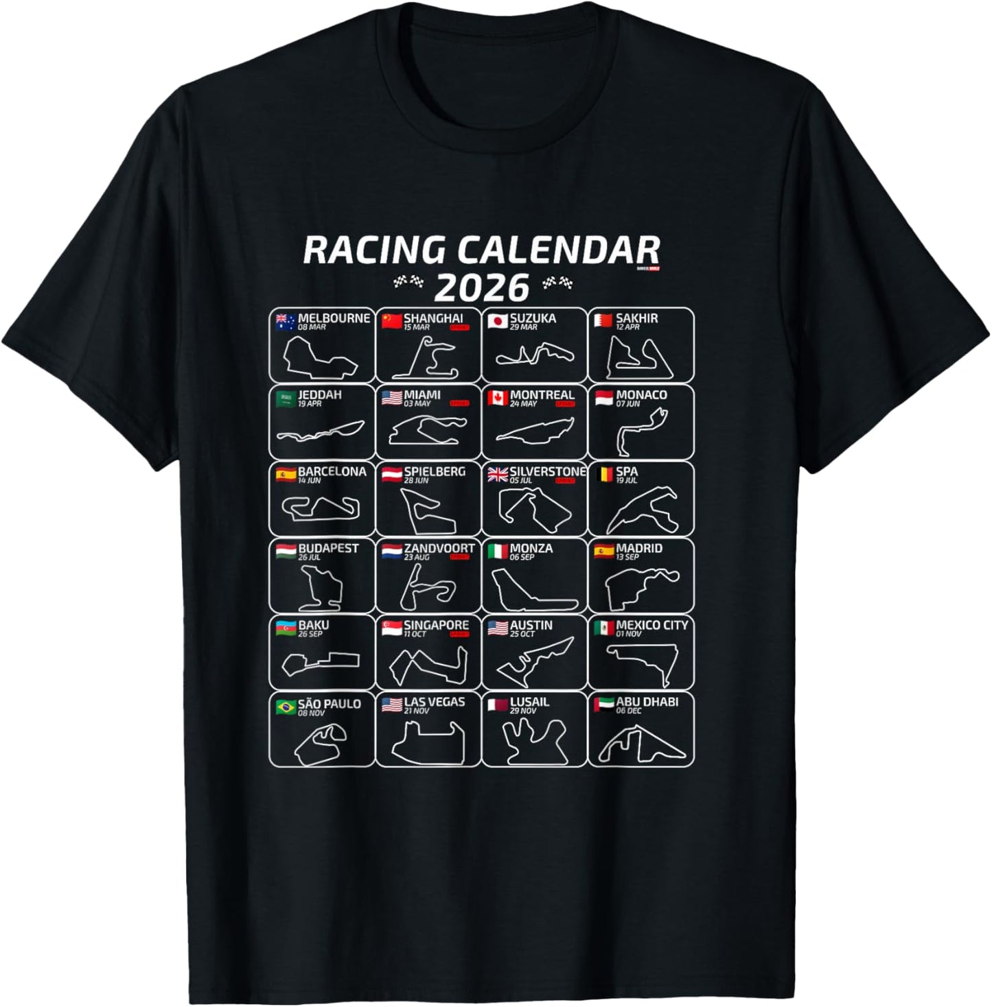 Racing Calendar 2026 All 24 Races and Tracks of the Season T-Shirt - T-Shirt | Black
