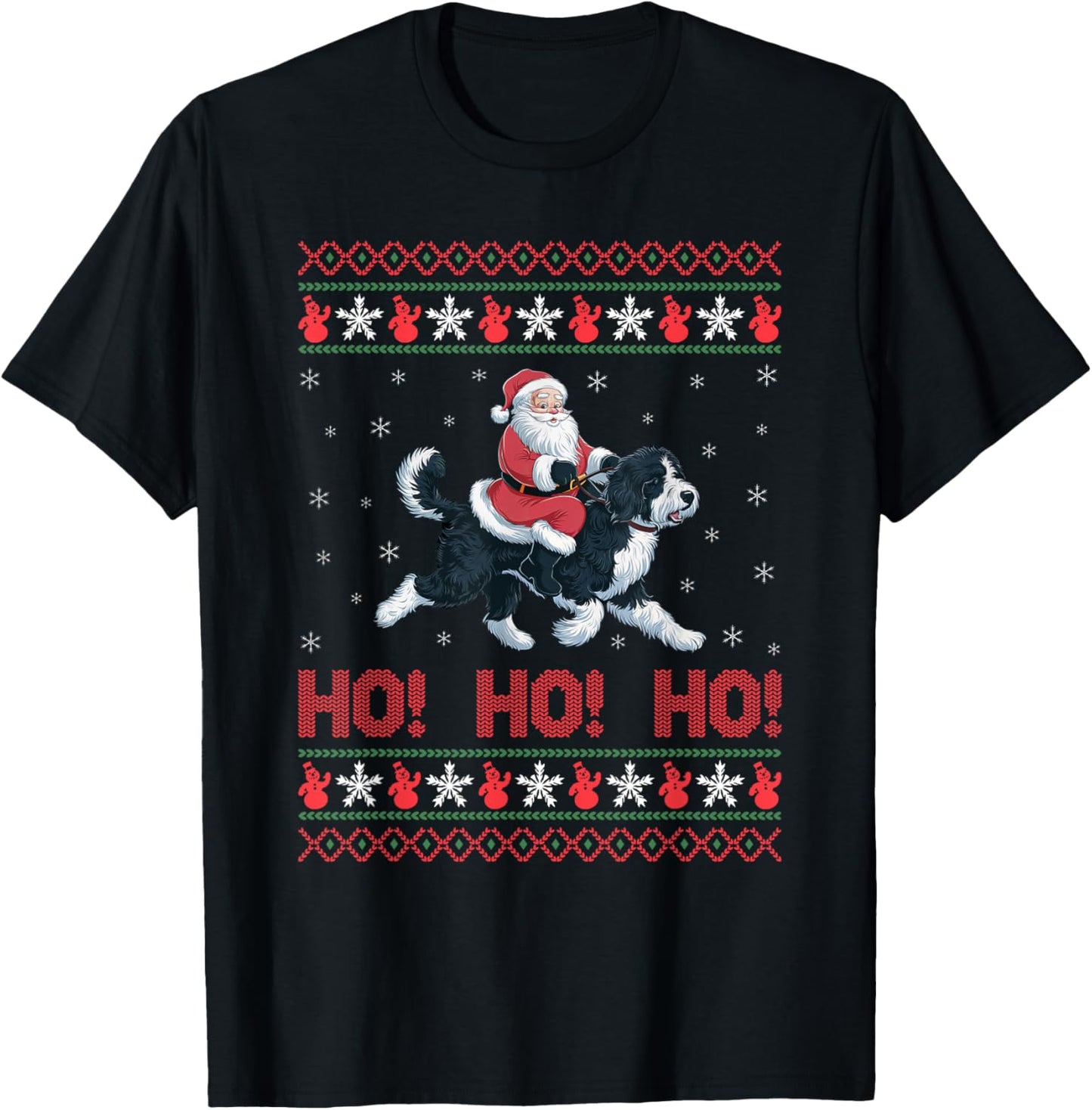 Ho Ho Ho Santa Riding Bernedoodle Dog Ugly Christmas Sweater T-Shirt - T-Shirt | Black