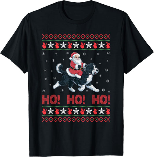 Ho Ho Ho Santa Riding Bernedoodle Dog Ugly Christmas Sweater T-Shirt - T-Shirt | Black