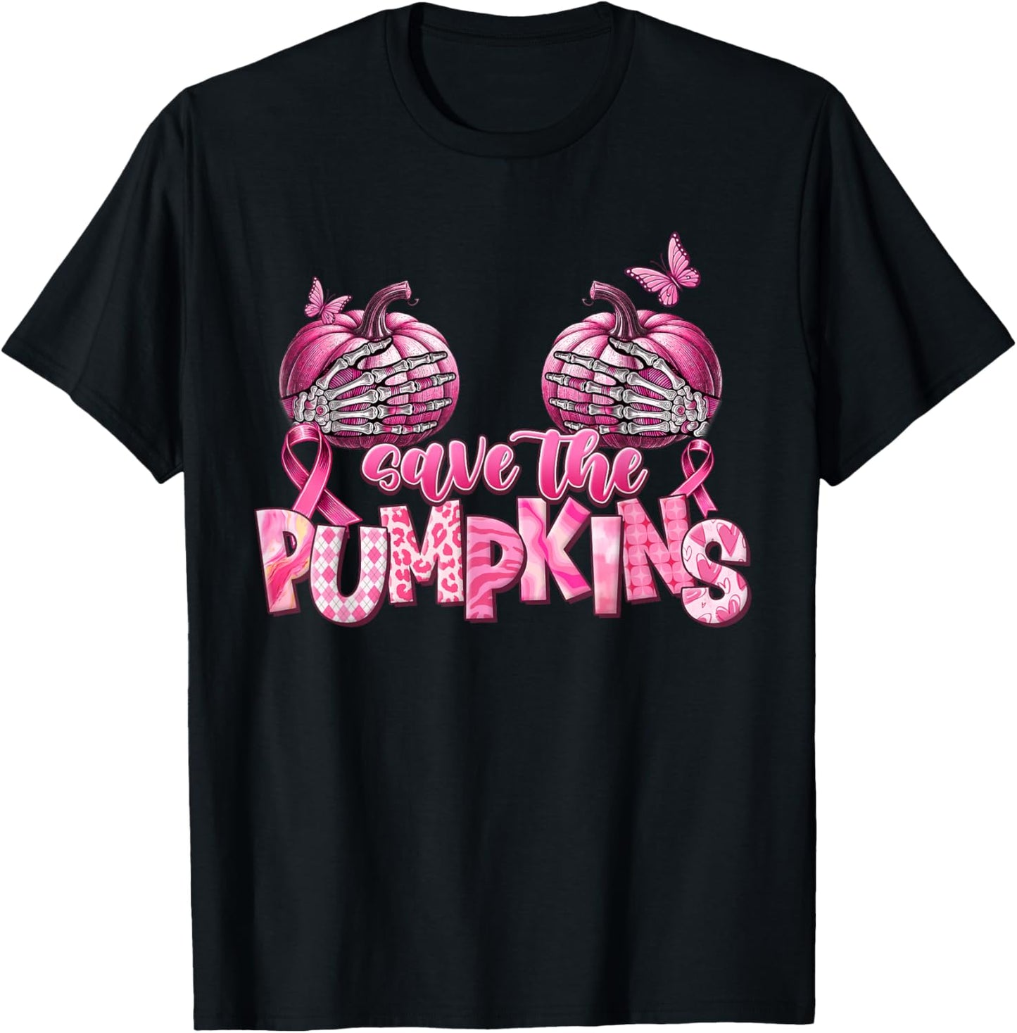 Save The Pumpkins Pink Ribbon Breast Cancer Awareness T-Shirt - T-Shirt | Black