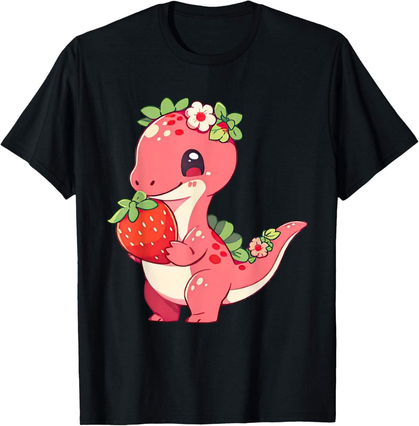 Cute Strawberry Summer Fruit Lover Dinosaur Eat Strawberry T-Shirt - T-Shirt | Black