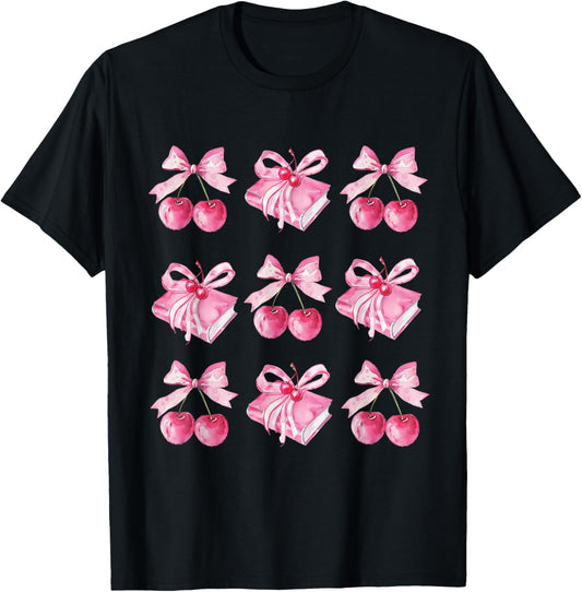 Coquette bow teacher student back to school books pink bows T-Shirt - T-Shirt | Black