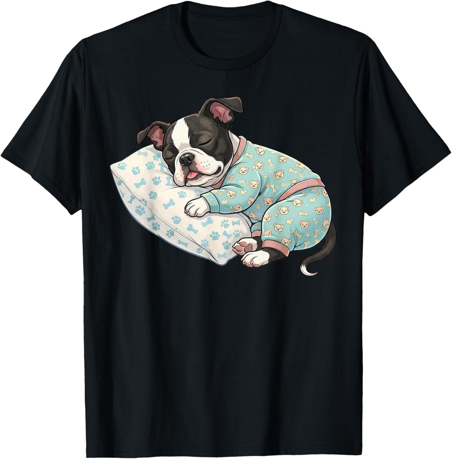 Cute Boston Terrier Dog Sleeping in Pajamas Bedtime Art T-Shirt - T-Shirt | Black