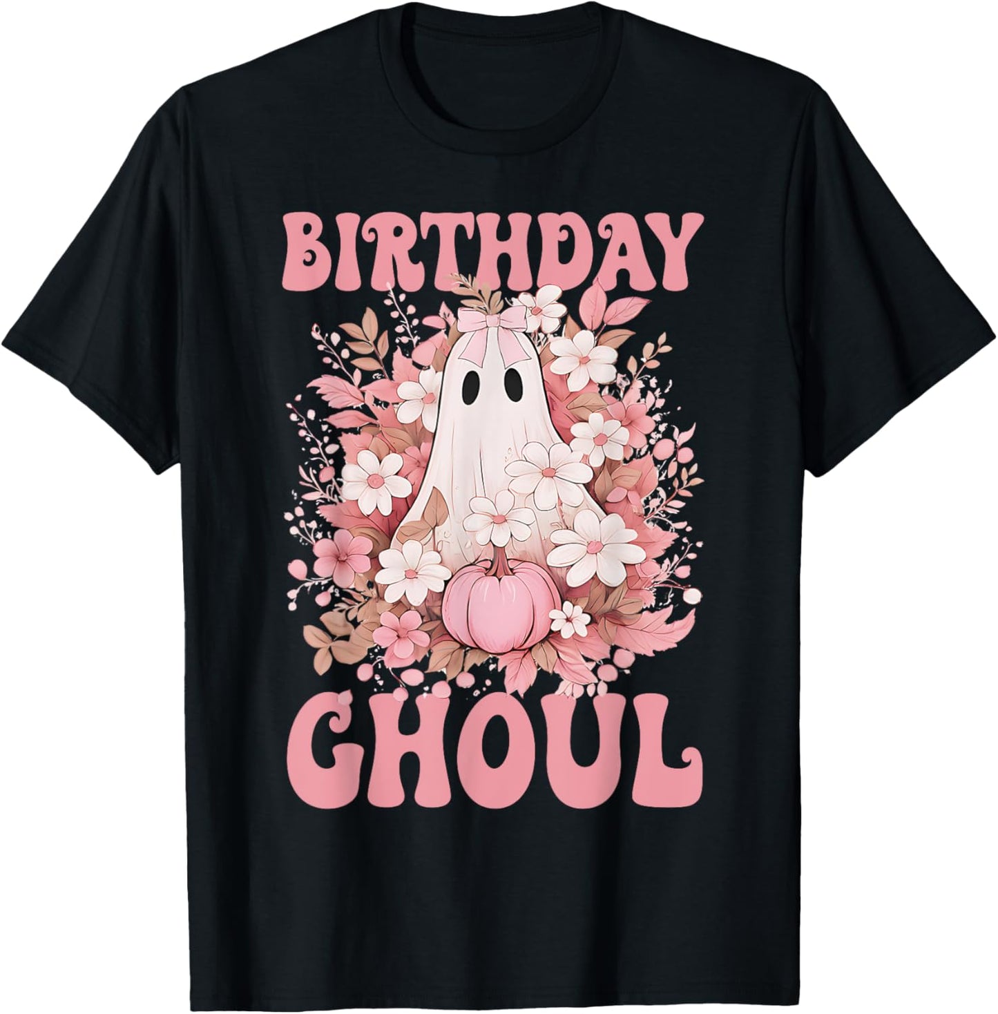 Birthday Ghoul Floral Ghost Bow Halloween Birthday Girls T-Shirt - T-Shirt | Black