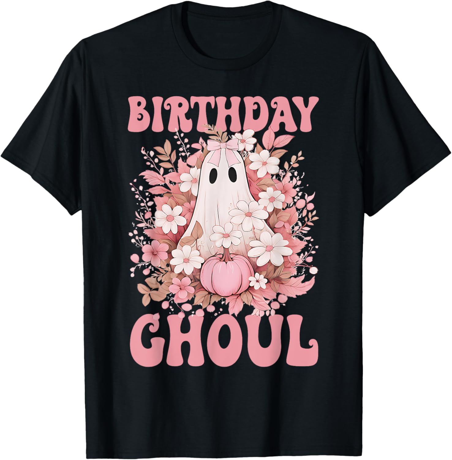 Birthday Ghoul Floral Ghost Bow Halloween Birthday Girls T-Shirt - T-Shirt | Black