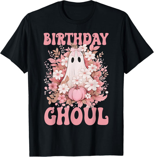 Birthday Ghoul Floral Ghost Bow Halloween Birthday Girls T-Shirt - T-Shirt | Black