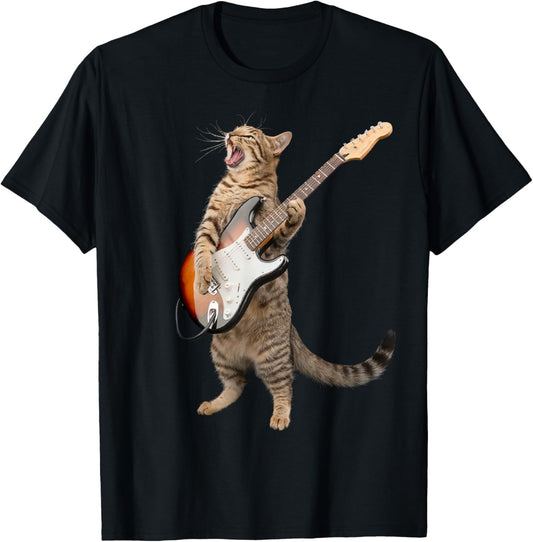 Cat Playing Guitar Shirt Kids Men Women Rock And Roll Band T-Shirt - T-Shirt | Black