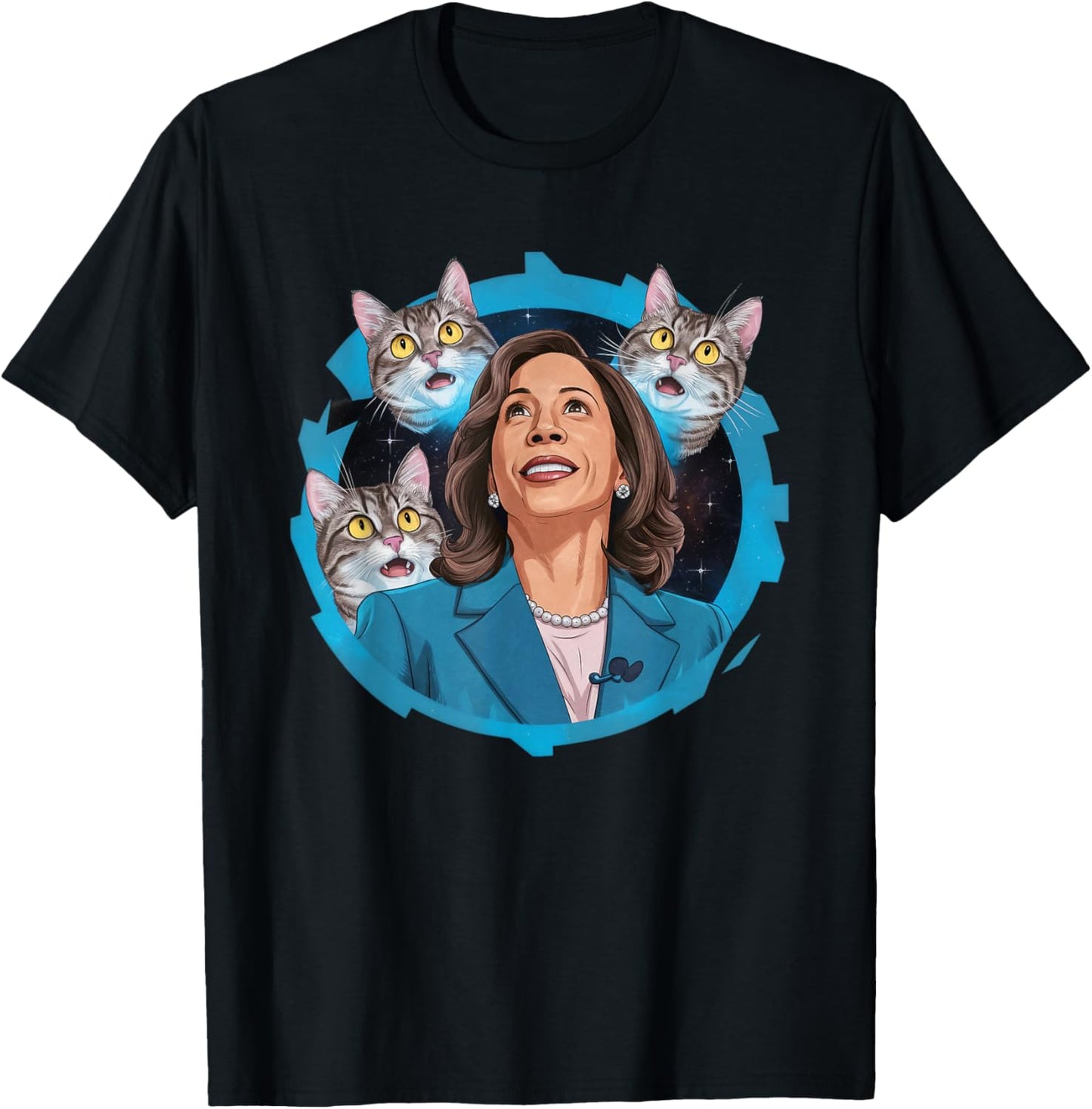 Kamala Harris and Cats In Space Funny Cat Lover Women T-Shirt - T-Shirt | Black