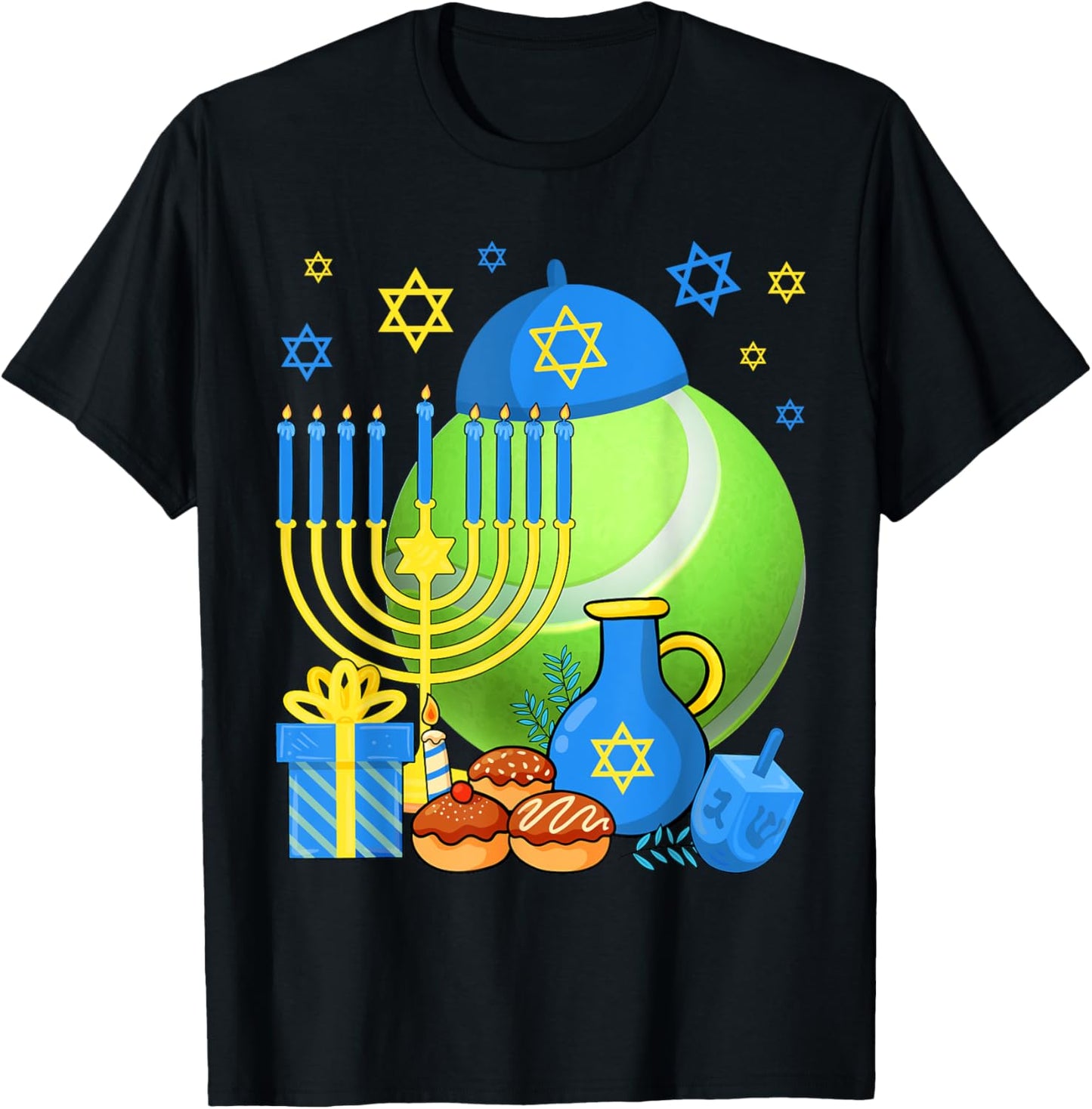 Funny Jewish Tennis Ball Menorah Happy Hanukkah Chanukah Kid T-Shirt - T-Shirt | Black