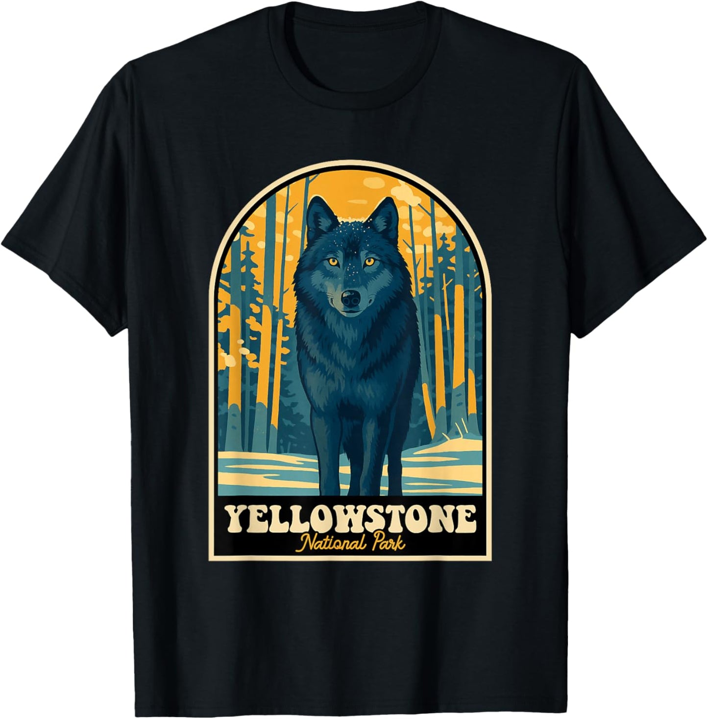 Yellowstone Wolf Vintage National Park Poster T-Shirt - T-Shirt | Black