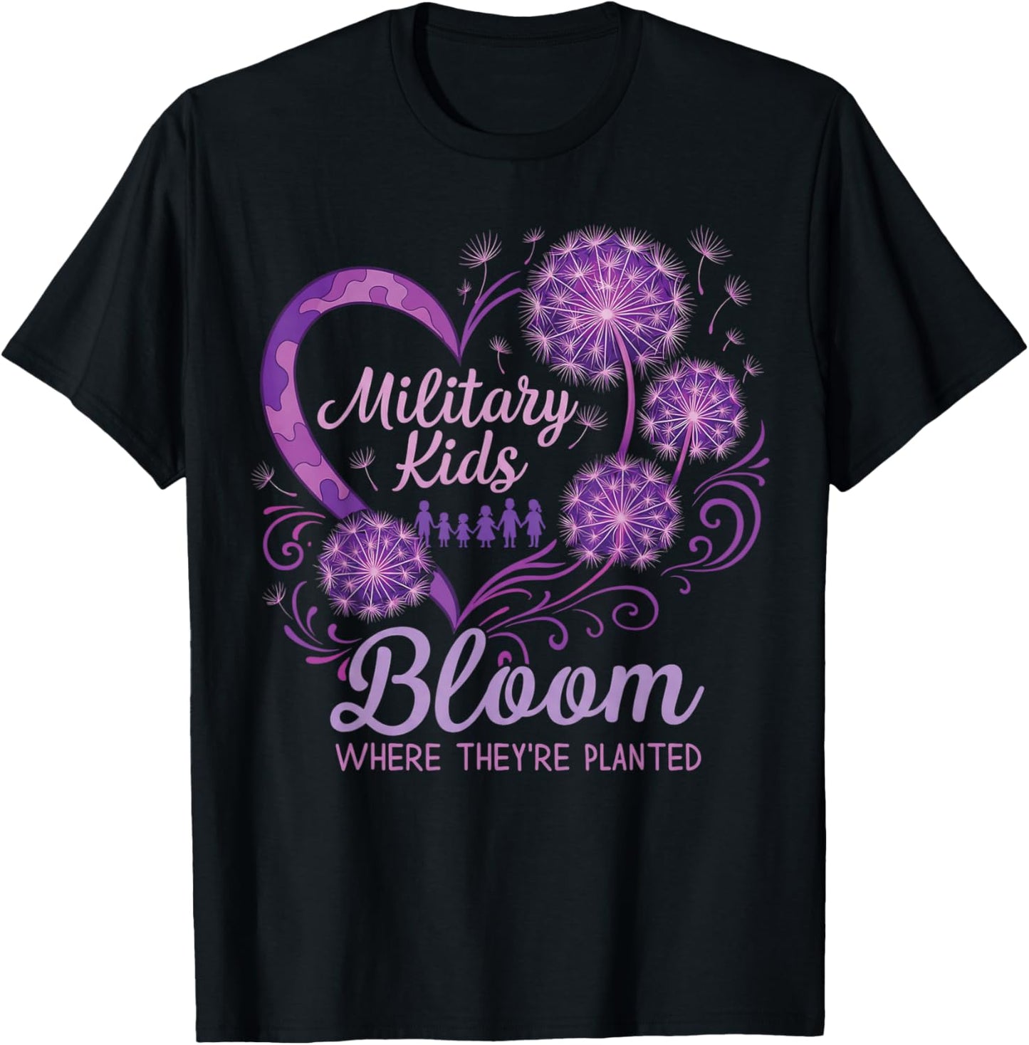 Military Kid Dandelion Bloom Where They're Planted Purple Up T-Shirt - T-Shirt | Black