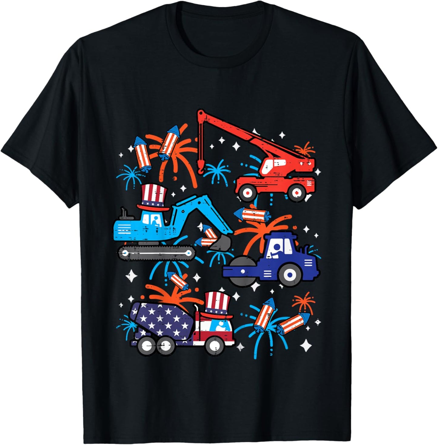 Kids 4th July Construction Trucks Vehicle Patriot Boy Kid Toddler T-Shirt - T-Shirt | Black