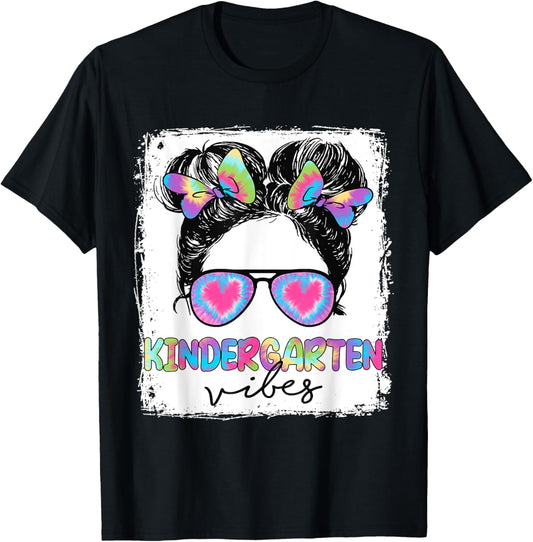 Kindergarten Vibes Messy Hair Bun Girl Back To School T-Shirt - T-Shirt | Black