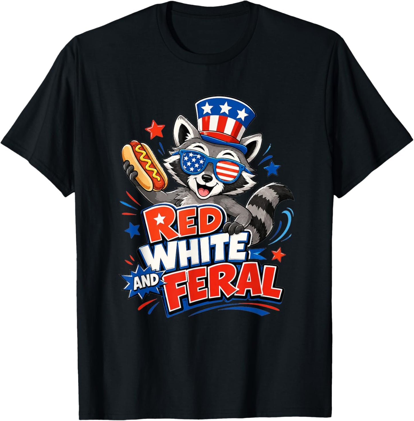 USA Kids Red Funny White and Feral Racoon Feral 4th of July T-Shirt - T-Shirt | Black