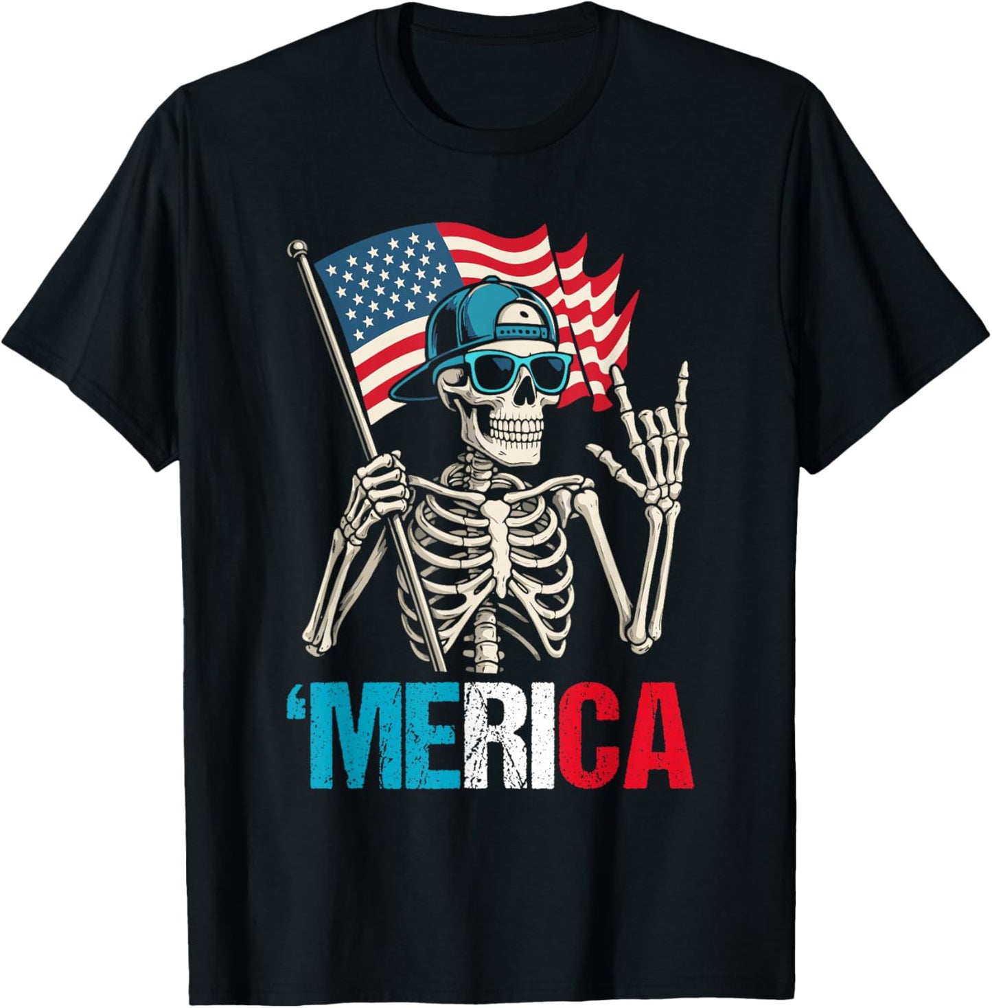 Skeleton Merica Rock American Flag Patriotic 4th of July T-Shirt - T-Shirt | Black