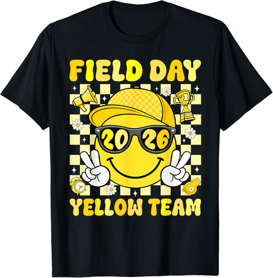 Field Day 2026 Yellow Team Smile Face Sports School Boy Kids T-Shirt - T-Shirt | Black