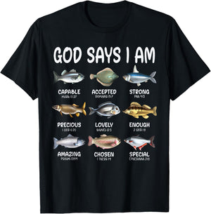 God Says I Am Christian Boys Girls Kids Fishing Fish Graphic T-Shirt - T-Shirt | Black