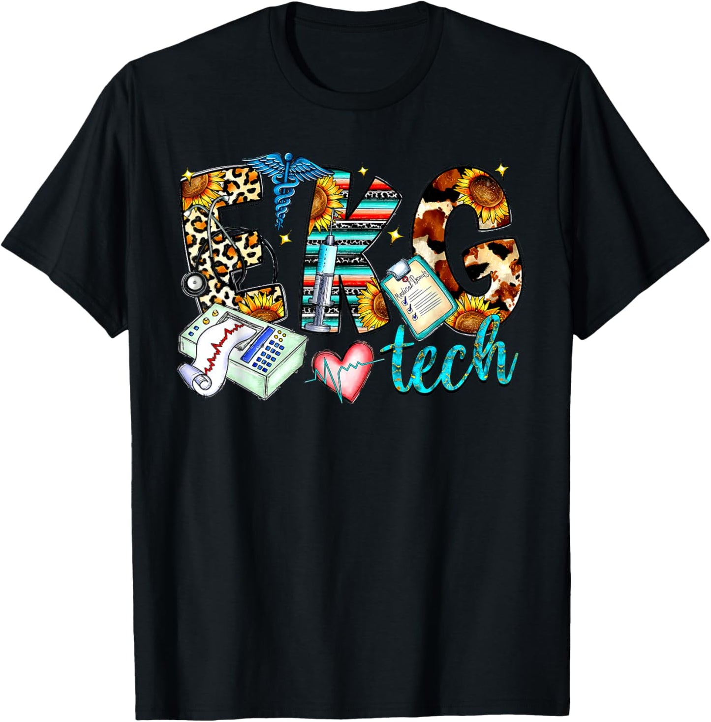Retro Leopard EKG Tech Apparel Electrocardiogram Specialist T-Shirt - T-Shirt | Black